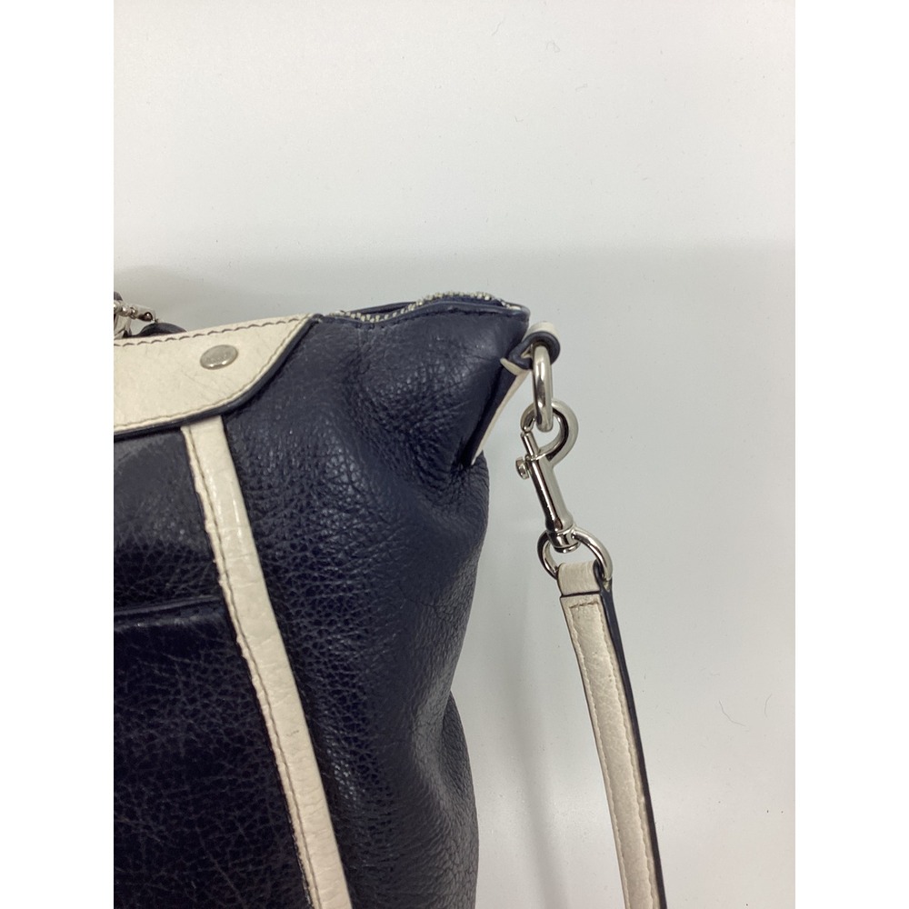 Coach Navy Blue Pebbled Leather Satchel Crossbody Bag White Trim Silver FLAWS - Picture 3 of 11
